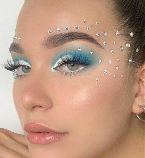 Mermaid Rhinestone Makeup, Blue Festival Makeup, Senior Traditions, Bonnaroo 2023, Mermaid Inspired Makeup, Disco Mermaid, Ocean Makeup, Edc Makeup, Carnaval Makeup