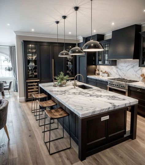 Dark Charcoal Cabinets Kitchen, Gray Floors In Kitchen, Altama Boots, Black Kitchen Island, Marble Kitchen, Dream Kitchens Design, Kitchen Remodel Design, Kitchen Remodel Before And After, House Design Kitchen