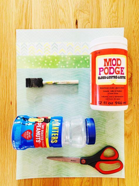 Modge Podge On Plastic Containers, Recycled Pencil Holder, Mod Podge Gloss, Planters Peanuts, Plastic Food Containers, Writing Utensils, Modge Podge, Plastic Container, Plastic Jars