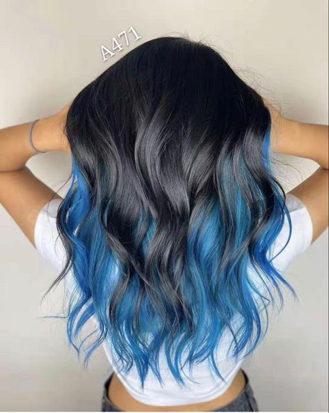 Dark Brown And Blue Hair Ombre, Bottom Half Dyed Hair Blue, Dark Brown And Colored Hair, Blue Highlights With Brown Hair, Black Roots And Blue Hair, Top Half Black Bottom Half Blue Hair, Blue Partial Highlights, Blue Color Hair Highlights, Blue Baylage Hair Dark Brown