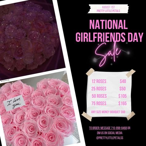 Hi certified flower girls (and boys)😊 National Girlfriends Day is only a few weeks away!! Take advantage of our biggest sale and get your girlfriend a customized bouquet for a low price!!🎀 Sale applies to ANYONE for ANYTHING :) Ends August 5th! • • • #nationalgirlfriendday #bouqet #roses #florist #wisconsin Bouquet Business, National Girlfriend Day, 12 Roses, Girlfriends Day, Money Bouquet, Flower Girls, Rose Bouquet, Low Price, Wisconsin