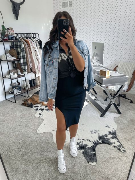 White Casual Outfits For Women, Denim Jacket And Skirt Outfit, Band Tee And Skirt, Band Tee And Skirt Outfit, White Platform Converse Outfit, Bodycon Midi Skirt Outfit, Graphic Tee Outfit Fall, Platform Converse Outfit Summer, Denim Jacket And Skirt