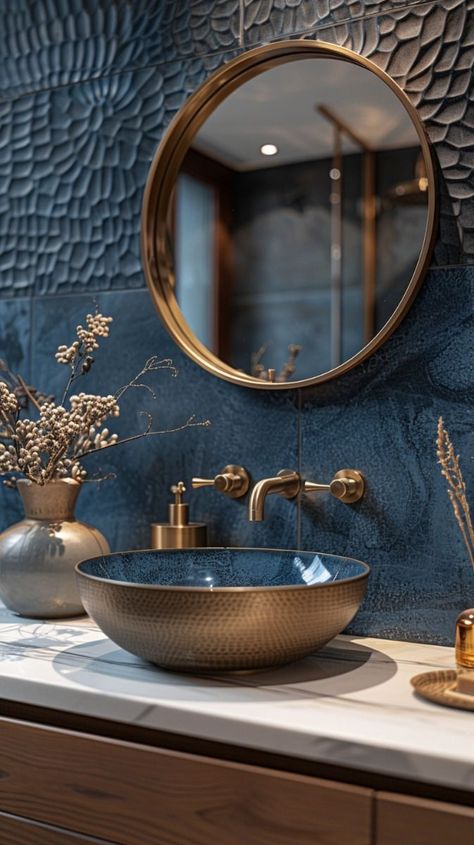 Dark Blue Tile Bathroom, Dream Bathrooms Luxury Modern, Moody Blue Bathroom, Colourful Bathroom Ideas, Colorful Powder Room, Modern Blue Bathroom, Blue Powder Room, Minimal Bathroom Design, Luxury Powder Room