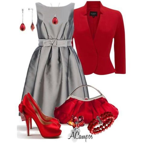 Red and gray Outfit Christmas, Elegantes Outfit, Looks Chic, Complete Outfits, Mode Outfits, Gray Dress, Elegant Fashion, Christmas Outfit, Cute Fashion