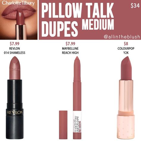 Dupes for Charlotte Tilbury's "Pillow Talk Medium" Lipstick via allintheblush.com Dupe Directory! Pillow Talk Medium Lipstick, Charlotte Tilbury Pillow Talk Medium, Pillow Talk Medium, Revolution Lipstick, Charlotte Tilbury Pillow Talk, Charlotte Tilbury Lipstick, Best Lipsticks, Blush On, Makeup Swatches