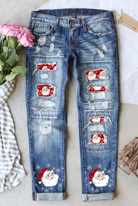 Sky Blue Christmas Santa Claus Patchwork Distressed Boyfriend Jeans Patchwork Denim Jeans, Ripped Jeans Casual, Printed Denim Jeans, Graphic Pant, Denim Jeans Ripped, Blue Leopard, Stylish Jeans, Distressed Boyfriend Jeans, Patchwork Jeans