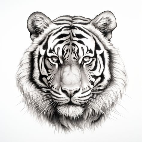 realistic tiger in simple pencil, tiger head an idea for a tattoo, a black and white drawing. black and white tattoo predatory animal White Tiger Tattoo Design, Realistic Tiger Tattoo Design, Black And White Tiger Tattoo, Tiger Face Tattoo Design, Tiger Tattoo Stencil, Tiger Head Tattoo Design, Tigres Tattoo, Realistic Tiger Tattoo, Tiger Face Drawing