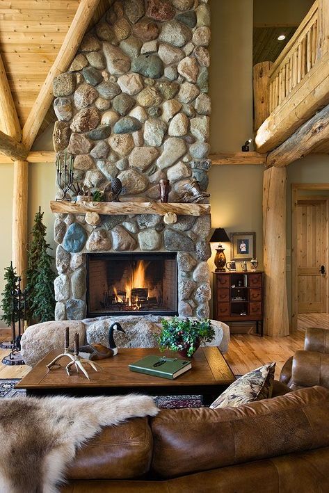 Interior, vertical, living room fireplace vignette, Adams residence, Rodney, Michigan Montana Cabin, River Rock Fireplaces, Cabin Fireplace, Log Cabin Interior, Rock Fireplaces, Country Cabin, Cabin Living, Lodge Style, Log Cabin Homes