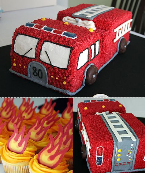 Mom.com : Fire Truck Cake : 50 Amazing and Easy Kids' Cakes -- This cake—along with flaming cupcakes—is much bigger than it looks: It's actually made of four half-sheet cakes. Bright red buttercream frosting tops off the cake, along with a few little candies for various accessories.  To make: Heather Drive Leprechaun Cake, Easy Cakes For Kids, Fire Cupcakes, Fire Engine Cake, Fire Truck Cake, Fireman Cake, Firetruck Cake, Half Sheet Cake, Truck Birthday Cakes