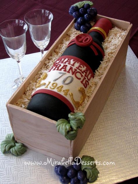 I made this cake for my father who just celebrated his 70th birthday! He loves fine wines and so I had the idea of making a cake designed to be a wine bottle in a crate. The cake is 100% edible, with the wine bottle moulded out of gumpaste and... Wine Theme Cakes, Birthday Cake Wine, Wine Bottle Cake, Wine Cake, 70th Birthday Cake, Bottle Cake, Gateaux Cake, Birthday Wine, Wine Theme