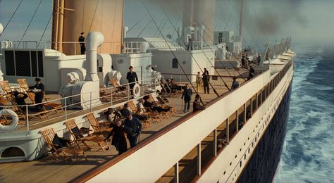 The deck. Original Titanic, Titanic Ii, Titanic Kate Winslet, Titanic History, Titanic Movie, Colorized Photos, Rms Titanic, James Cameron, Movie Sets