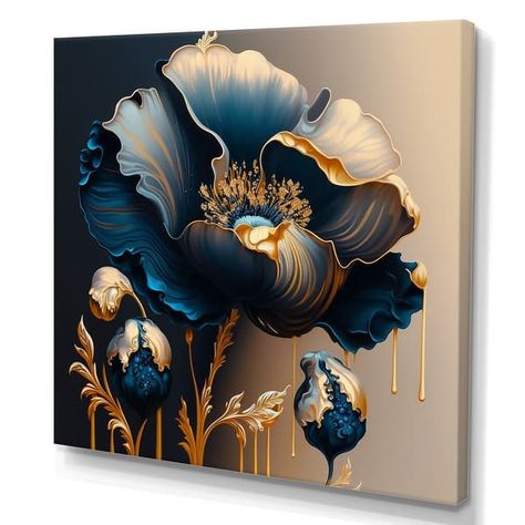 Designart 'Deep Blue And Gold Single Flower V' Floral & Botanical Canvas Wall Art - Bed Bath & Beyond - 37304136 Deep Blue And Gold, Acrylic Wall Decor, Soyut Sanat Tabloları, Mural Floral, Single Flower, Acrylic Wall Art, Floral Botanical, Blue And Gold, Art Moderne