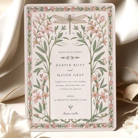 Delicate Nouveau Wedding Dragonfly Floral Invitation Pond Wedding Ceremony, Vintage Garden Wedding Theme, Timeless Wedding Theme, Art Nouveau Wedding Invitation, Dragonfly Wedding, Whimsical Wedding Invitations, Dragonfly Artwork, Nouveau Wedding, Art Nouveau Weddings