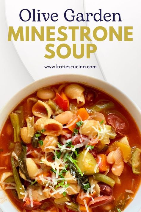 Enjoy a piping hot bowl of Olive Garden Minestrone Soup in the comforts of your home. This copycat recipe makes enough for 8-10 hearty serving and is chocked full of vegetables and beans in a rich tomato broth. Ministroni Soup Olive Garden, Quick Minestrone Soup, Menastroni Soup, Crockpot Minestrone Soup Olive Garden, Copycat Minestrone Soup Olive Garden, Best Minestrone Soup Recipe Italian, Traditional Minestrone Soup, Homemade Minestrone Soup, Ministroni Soup Recipe Italian