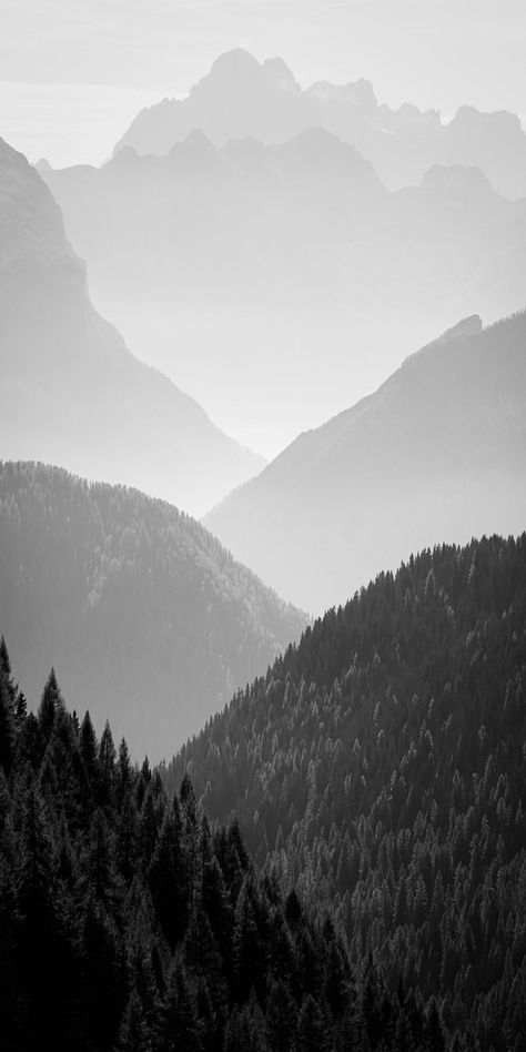 Black & White Photograph - In the eyes of artist John Scanlan, this line of misty mountain peaks appeared like ocean waves, ceaselessly ebbing and flowing in time with the tides. Bring this unique perspective to your home with this striking achromatic photograph, which ships unframed in a protective tube. Misty Mountains Aesthetic, Cool Black And White Wallpapers, Black And White Art Wallpaper, White And Black Wallpaper, Mountain Black And White, Black And White Mountains, Wallpapers Black And White, Black And White Nature Photography, Black And White Wallpapers