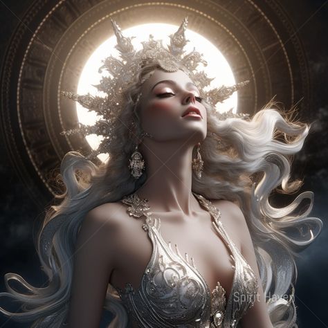 Nox Goddess, Luna Goddess Of The Moon, Luna Moon Goddess, Moon Goddess Aesthetic, Moon Goddess Costume, Zodiac Photoshoot, Evil Siren, Selene Goddess Of The Moon, Goddess Of Moon