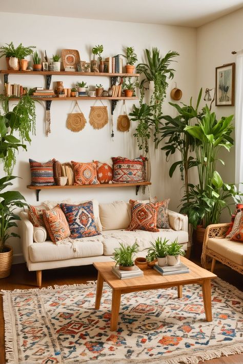 Apartment Aesthetic Funky, Living Room Bohemian Modern, Boho Sitting Room, Boho Apartment Living Room, Mcm Cottage, Modern Boho Living Room Decor, Boho Modern Living Room, Living Boho, Bohemian Living Room Ideas