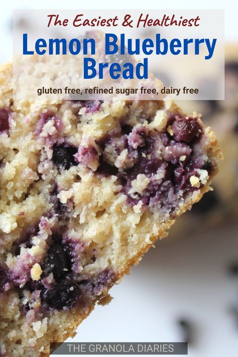 This Healthy Lemon Blueberry Bread recipe makes for a delicious breakfast, snack, or even dessert! Its easy to make, requiring only one bowl and a few pantry staples. Gluten free, dairy free, refined sugar free. #lemonblueberrybread #healthyrecipes #lemonblueberry #glutenfreedairyfree Blueberry Bread Gluten Free, Lemon Blueberry Bread Recipe, Healthy Lemon Blueberry, Blueberry Bread Recipe, Oat Flour Recipes, Bread Gluten Free, Sugar Free Snacks, Sugar Free Baking, Lemon Blueberry Bread