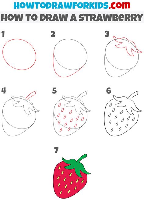 How to Draw a Strawberry - Easy Drawing Tutorial For Kids Strawberry Tutorial Drawing, Easy To Draw Strawberry, Strawberry Sketch Drawing, Mini Strawberry Painting, Easy Food Drawing Ideas, How To Draw A Strawberry Easy, Drawing A Strawberry, How To Draw Strawberry Shortcake, Stroberry Drawing