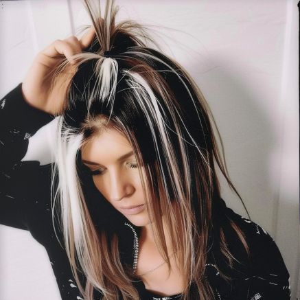 Long Hair with Spiky Bleach Streaked Top Funky Balayage Hair, Bleach Blonde Hair With Highlights, Spiky Long Hair, Underdye Hair Short, Bleaching Hair Ideas, Rock Style Hair, Blonde Hair With Black Peekaboos, Chunky Blonde Highlights On Dark Hair, 2000s Chunky Highlights