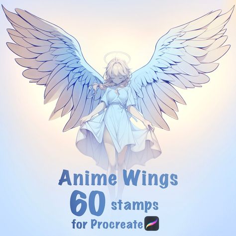 This set contains 60 angel wing stamps in a sketchy Anime style. Please check out the previews to see what they all look like. The files will be available for download right away. There are THREE files, please remember to download all! HOW TO INSTALL: After downloading, access your «Downloads» folder in your files or directly from your browser. When you click the brush packs from your files, they should open automatically in Procreate. You can also save them to your Dropbox, click the files and choose «Export» and then «Procreate». NOTE:  These are made for Procreate 5 and up. They will not work in Procreate Pocket or Photoshop. NO REFUNDS on these. They are digital files available for download right away. If you experience any issues with the downloads, please get in touch and I'll help y Anime Wings Reference, Anime With Wings, Folded Dragon Wings, Anime Angel Drawing, Angel Wings Drawing Reference, Winged Character Poses, Open Angel Wings, Anime Angel Wings, Angel Wings Anime