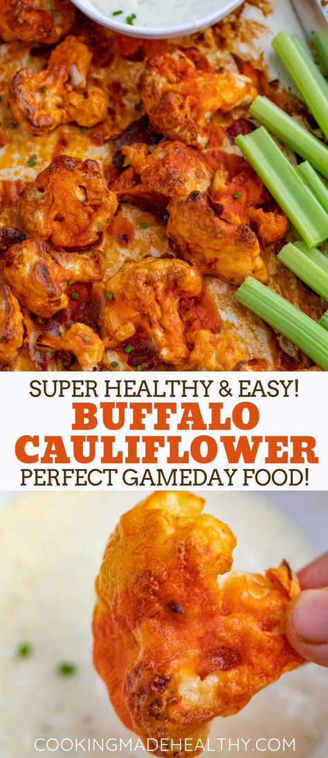 Buffalo Cauliflower is the PERFECT spicy appetizer made with roasted cauliflower coated in a seasoned batter and spicy buffalo sauce, ready in 45 minutes! #healthy #baked #cauliflower #roasted #buffalowings #gameday #lowcarb #recipes #cookingmadehealthy Cauliflower Appetizer, Spicy Buffalo Sauce, Cauliflower Roasted, Lowcarb Recipes, Spicy Appetizers, Healthy Baked, Buffalo Cauliflower, Baked Cauliflower, Slim Fast