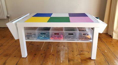 10 IKEA Lego Table Hacks Your Kids Will Love Lack Lego Table, Lego Table For Older Kids, Diy Ikea Table, Diy Lego Table With Storage, Ikea Lego Table, Lego Play Table, Lack Hack, Lego Tables, Lego Station