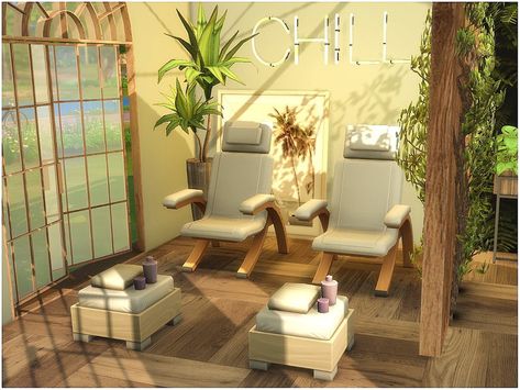 A modern small spa with bar.. Found in TSR Category 'Sims 4 Livingrooms' Sims 4 Spa Bathroom, Sims 4 Spa Interior, Spa In Bloxburg, The Sims 4 Spa Ideas, Bloxburg Spa Ideas Layout, Spa Room Bloxburg, Sims Spa Ideas, Sims 4 Sulani Spa, Sims 4 Gym And Spa