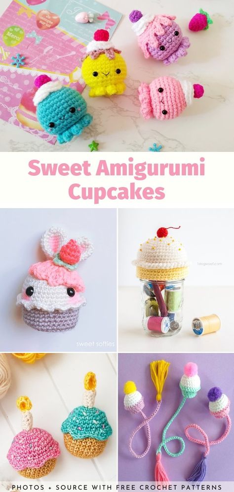 Sweet Amigurumi Cupcakes Valentine Amigurumi, Easy Crochet Basket Pattern, Crochet Cake, Crochet Cupcake, Octopus Crochet Pattern, Crochet Octopus, Kawaii Crochet, Crochet Amigurumi Free Patterns, Crochet Basket Pattern