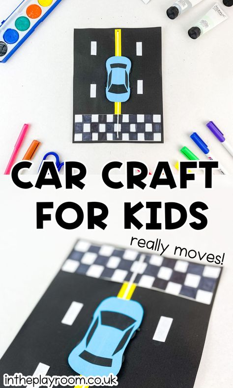 Moving Car Craft for Kids - In The Playroom Cars Arts And Crafts For Kids, Race Car Crafts Preschool, Build A Car Craft For Kids, Race Car Crafts For Kids, Moving Crafts For Kids, Race Car Crafts, Car Crafts For Kids Preschool, Car Crafts For Kids, Car Craft For Kids