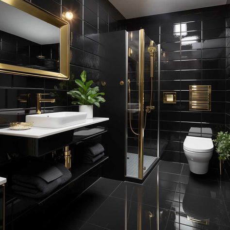 Bathroom Remodel Black And Gold, Modern Black And Gold Bathroom, Black And Gold Marble Bathroom, Black Marble Bathroom Ideas, Black Tiled Bathroom, Black And Gold Bathroom Ideas, Moody Bathrooms, Luxury Black Bathroom, All Black Bathroom