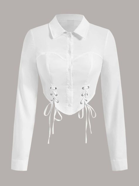 White Casual Collar Long Sleeve Woven Fabric Plain Shirt Embellished Non-Stretch  Women Tops, Blouses & Tee Collar Shirts For Women, Crop Shirts For Women, Corset Style Tops, Cropped Blouse, Plain Shirt, Crop Top Outfits, Mein Style, Women Blouses, Kpop Fashion Outfits