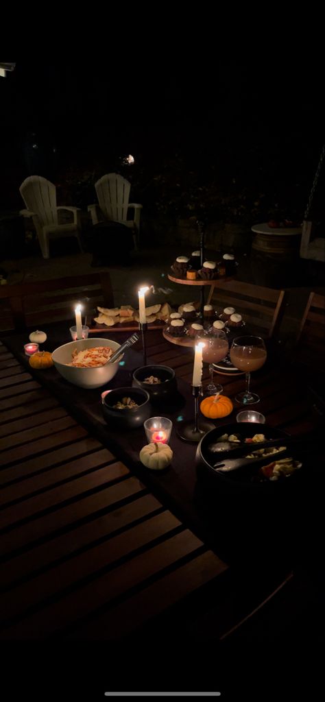 Halloween Outdoor Dinner Party, Chic Halloween Dinner Party, Halloween Dinner Aesthetic, Spooky Potluck, Dinner Party Buffet Table, Witchy Dinner, Goth Dinner, Witchy Birthday Party, Candle Lit Picnic