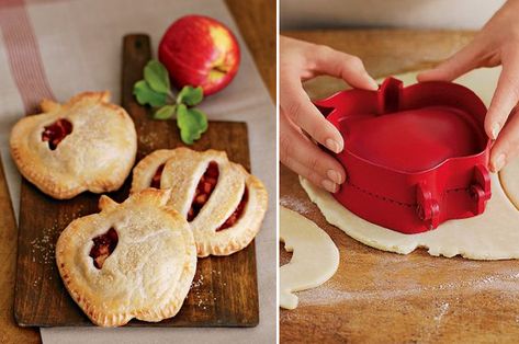 the special pocket pie molds available at Williams-Sonoma. You could use them for savory and sweet pies.Here are a few tips. Dusting flour on all surfaces between each pie is crucial for good results. I suggest to lightly brush some water to seal the edges. Apple Pie Pockets, Pie Pockets, Mini Pie Recipes, Pie Mold, Tart Dough, Dough Press, Sweet Pies, Mini Pie, Mini Apple Pies