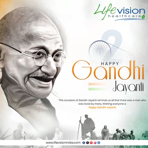 May peace and non-violence guide us. Happy Gandhi Jayanti from us at Lifevision India. #Gandhijayanti #happygandhijayanti #Gandhijayanti2023 Gandhi Jayanti Images, 2 October Gandhi Jayanti, Hair Poster Design, Mahatma Gandhi Jayanti, Happy Gandhi Jayanti, Gandhi Jayanti, Social Media Advertising Design, Global Icon, Business Challenge