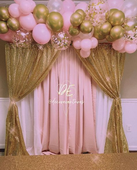 Pink White And Gold Curtain Backdrop, Pink And Gold Backdrop Ideas, Pink And Gold Balloon Arch Backdrop, Pink Gold And White Backdrop, Pink And Gold Photo Backdrop, Pink Birthday Backdrop Ideas, Pink Gold And White Party Decoration, Princess Backdrop Ideas, Pink Backdrop Birthday