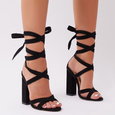 Vera Lace Up Heels in Black Faux Suede Black Heels Prom, Heels Block, Heels Prom, Tie Up Heels, Cute Shoes Heels, Black Shoes Heels, Prom Heels, Lace Heels, Girly Shoes