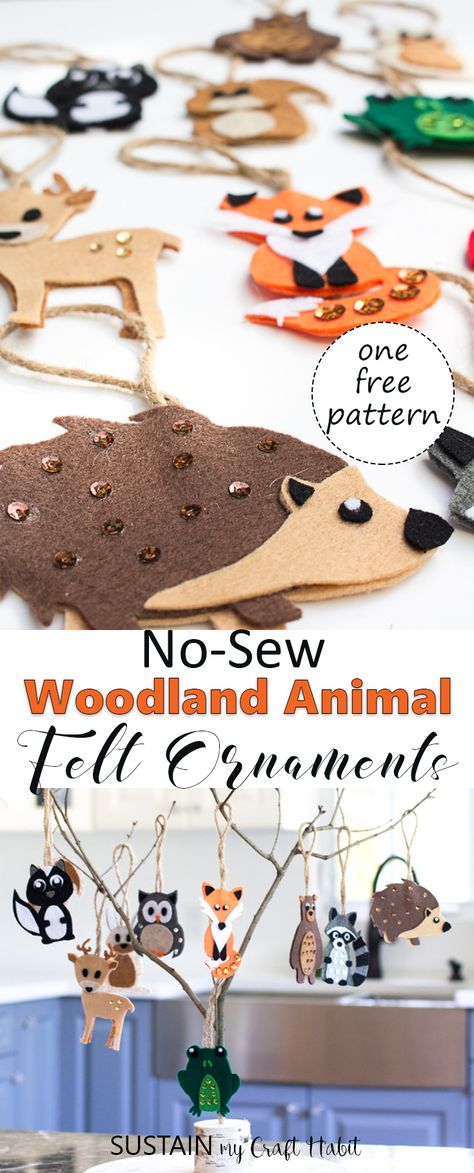 ADORABLE woodland animal ornaments! Would look so cute in a baby nursery or for a woodland themed baby shower. #woodland #animalcrafts #feltornaments #babynursery #woodlandnursery #homedecor #sustainmycrafthabit Woodland Animal Templates, Woodland Creature Ornaments Diy, Diy Woodland Creatures, Woodland Garland Diy, Diy Woodland Birthday Decor, Woodland Decorations Diy, Owl Fall Decor, Cricut Woodland Animals, Woodland Animal Decorations