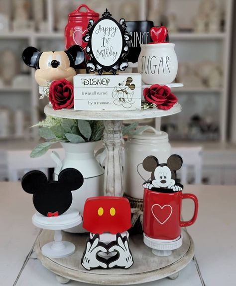 Sandford Designs (@sandforddesigns_) posted on Instagram • Jun 14, 2021 at 7:26pm UTC Mickey Tiered Tray Decor, Mickey Mouse Tiered Tray, Disney Tiered Tray, Disney Tiered Tray Decor, Birthday Tiered Tray Decor, Birthday Tiered Tray, Disney Decorations, Mickey Tattoo, Mickey Mouse Classic