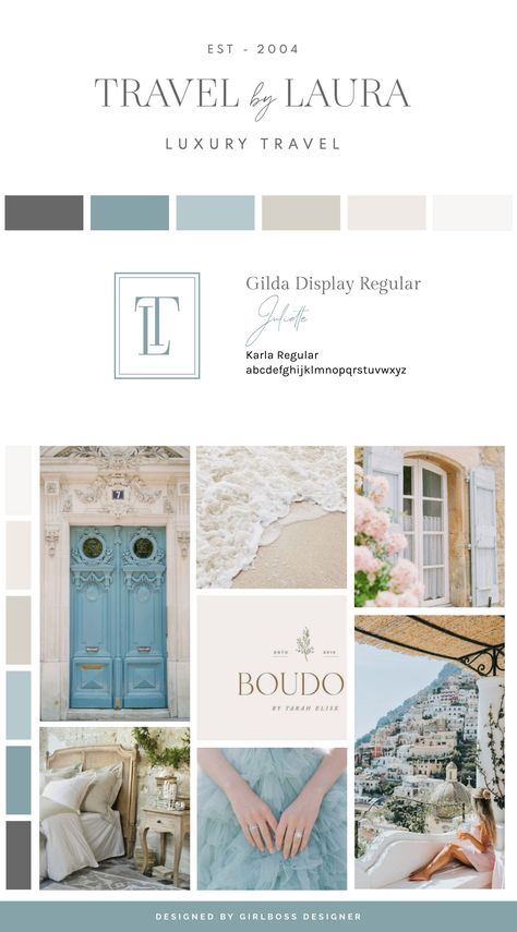 Laura, the founder of Travel by Laura, had a clear vision for her brand. She wanted it to be classic, chic, and timeless. To achieve this goal, we have carefully chosen an elegant color palette consisting of shades of French blue, and varying neutrals from charcoal to light nudes and off-white. All these elements work together to create a refined and detailed vibe that perfectly captures the essence of Laura’s vision for her brand. Chic Paperie Color Palette, French Style Color Palette, Luxe Brand Color Palette, Light Blue Brand Color Palette, Luxury Brand Colors Inspiration, Light And Airy Branding, Canva Color Palette Codes Blue, French Blue Color Palette, Brand Color Palette Mood Boards