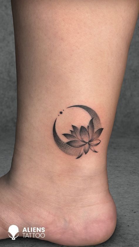 Small Lotus Flower Tattoo Design, Flower Crescent Moon Tattoo, Moon With Lotus Tattoo, Simple Dotwork Tattoo, Simple Lotus Flower Tattoo Design, Dark Lotus Flower Tattoo, Dark Lotus Tattoo, Dotwork Flower Tattoo, Lotus Moon Tattoo