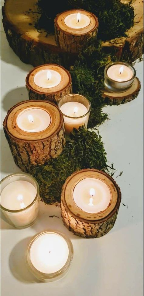 forest wedding centerpiece Log Candle Centerpiece, Rustic Wedding Decor Centerpieces, Enchanted Forest Wedding Theme, Log Candle Holders, Mushroom Light, Twilight Wedding, Centerpiece Candle, Forest Theme Wedding, Log Candles