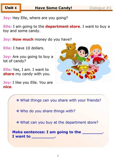 Fun ESL dialogue for kids about sharing, featuring a simple ESL grammar worksheet introducing “nouns”.   Download lesson as pdf Dialogue Writing Worksheets, Dialogue Conversation, Conversation Dialogue, Plural Rules, Fraction Wall, English Conversation For Kids, Speaking Activities English, Speaking Cards, Conversation Starters For Kids