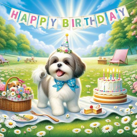 Dog Birthday Wishes, Birthday Ribbon, Field Of Daisies, Happy Birthday Wishes Messages, Dobro Jutro, Happy Birthday Dog, Animated Pictures, Birthday Wishes Messages