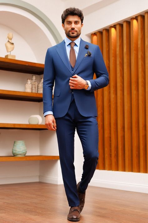 Discover the epitome of refined style with our blue slim-fit suit 3-piece, a versatile ensemble that effortlessly combines sophistication and modernity. The single-breasted jacket showcases impeccable notch lapels, and a fully lined interior promises a sleek and dapper appearance for the fashion-forward gentleman. #suit #suits #suitup #formalattire #menstyle #menfashion #gentleman #dapperlook #formalwear #fashioninspo #bluesuit Blue Suit And Tie Combinations, Mens Blue Suit Outfit, Blue Dress Pants Outfit Men, Men’s Blue Suit, Blue Suit Outfit, Navy Blue Suit Men, Suit And Tie Men, Groom Suit Navy, Navy Slim Fit Suit