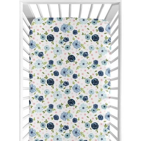 Floral Collection Girl Jersey Knit Fitted Crib Sheet - Navy Blue and Blush Pink Boho Shabby Chic Rose Watercolor Flower - Bed Bath & Beyond - 35567445 Navy Crib Bedding, Rose Watercolor, Baby Sheets, Crib Toddler Bed, Sweet Jojo Designs, Nursery Bedding Sets, Blue Nursery, Jojo Designs, Pink Nursery