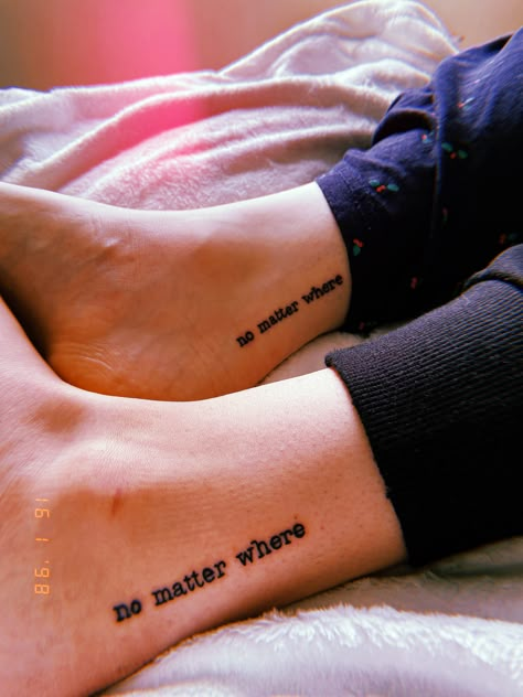 Best Friend Sayings Tattoos, Bestie Quote Tattoos, Long Distance Relationship Tattoo Couple, Sister Tattoos Distance, Best Friend Tattoos No Matter Where, Distance Tattoos Relationships, Matching Tattoos For Long Distance Couples, 2 Best Friends Tattoo, Long Distance Best Friend Tattoos Small