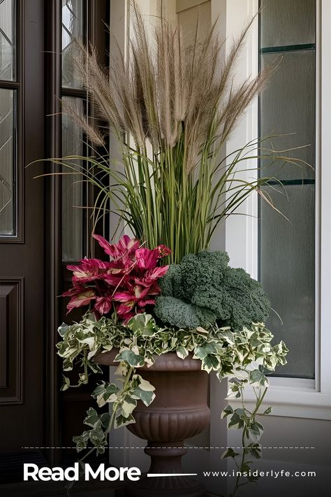 Barrel Planters Front Porch Winter Planters, Potted Mums, Spacious Backyard, Outdoor Fall Decor Ideas, Seasonal Pillows, Chic Home Design, Winter Planter, Backyard Area, Sitting Areas