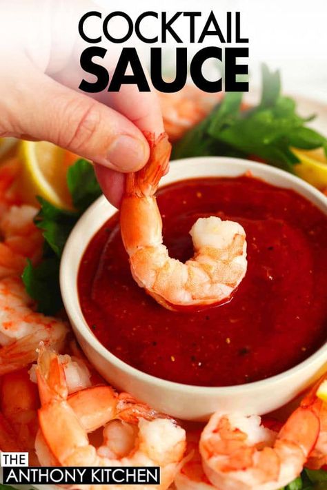 A hand dipping one shrimp into a bowl of cocktail sauce. Cocktail Sauce Recipe Easy, Shrimp Cocktail Sauce Recipe, Shrimp Cocktail Sauce, Homemade Cocktail Sauce, Cocktail Sauce Recipe, Pickled Okra, Healthy Cocktails, Best Appetizer Recipes, Dipping Sauces