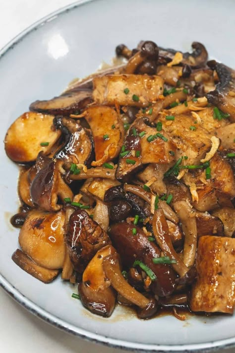 Tofu and Mushroom Adobo Recipe - Recipes by Nora Mushroom Adobo Filipino, Vegetarian Adobo Filipino, Filipino Tofu Recipes, Vegetarian Adobo, Eggplant Mushroom Recipes, Mushroom And Tofu Recipes, Super Firm Tofu Recipes, Mushroom Tofu Recipe, Mushroom Adobo